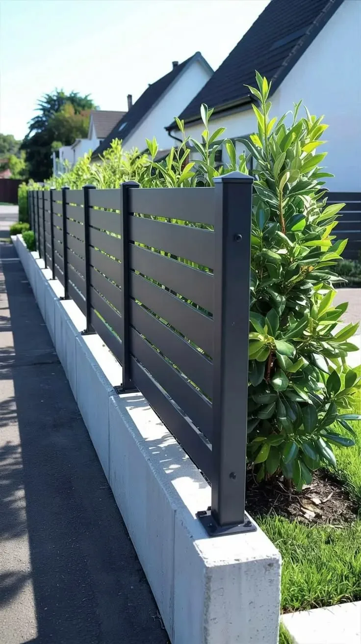 Clôture aluminium lames horizontales sur muret